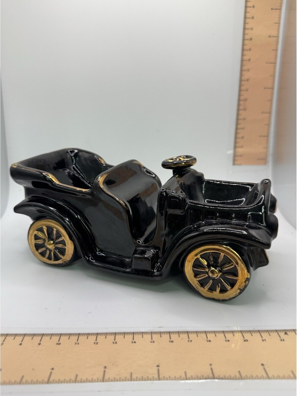 Vintage Japanese Black Ceramic Car Figurine with Gold Accents - Desk Caddy